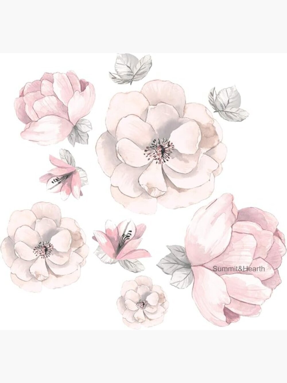 Watercolor Floral Wall Decals, 9-Piece Vinyl Set, Removable Nursery Decor